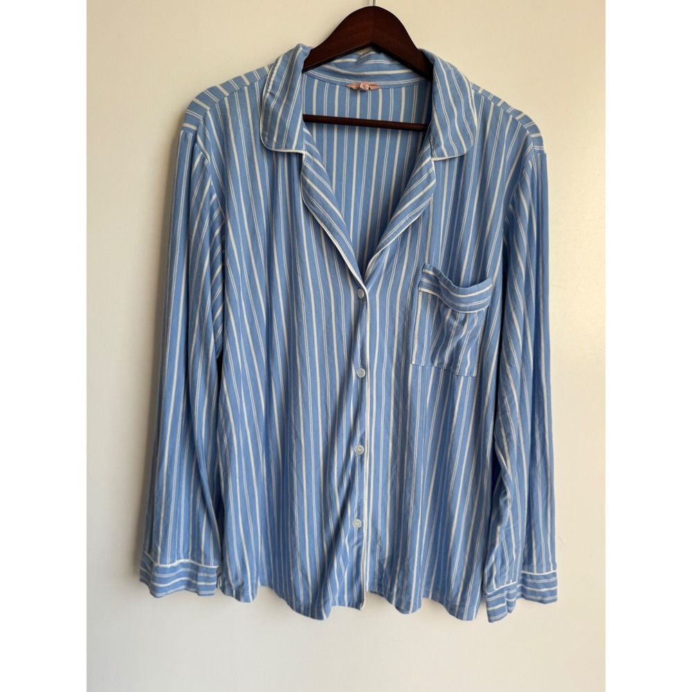 Eberjey Gisele Pajama Top Blue White Striped Modal Long Sleeve Button Down L